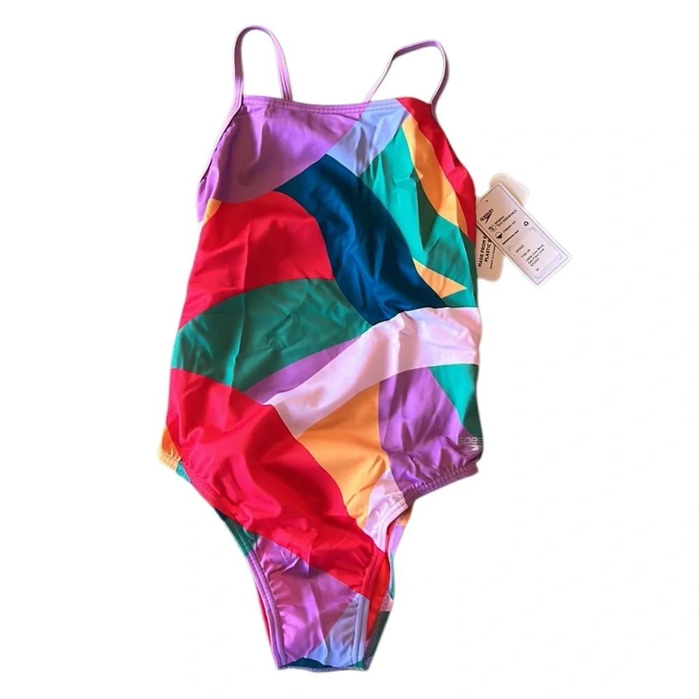 NWT Speedo Eco Endurance Cheeky T-Strap One Piece Swimsuit in Geo Colorblock - S